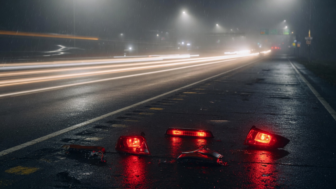 Abandoned brake lights on a wet night highway while traffic still streaks past.
