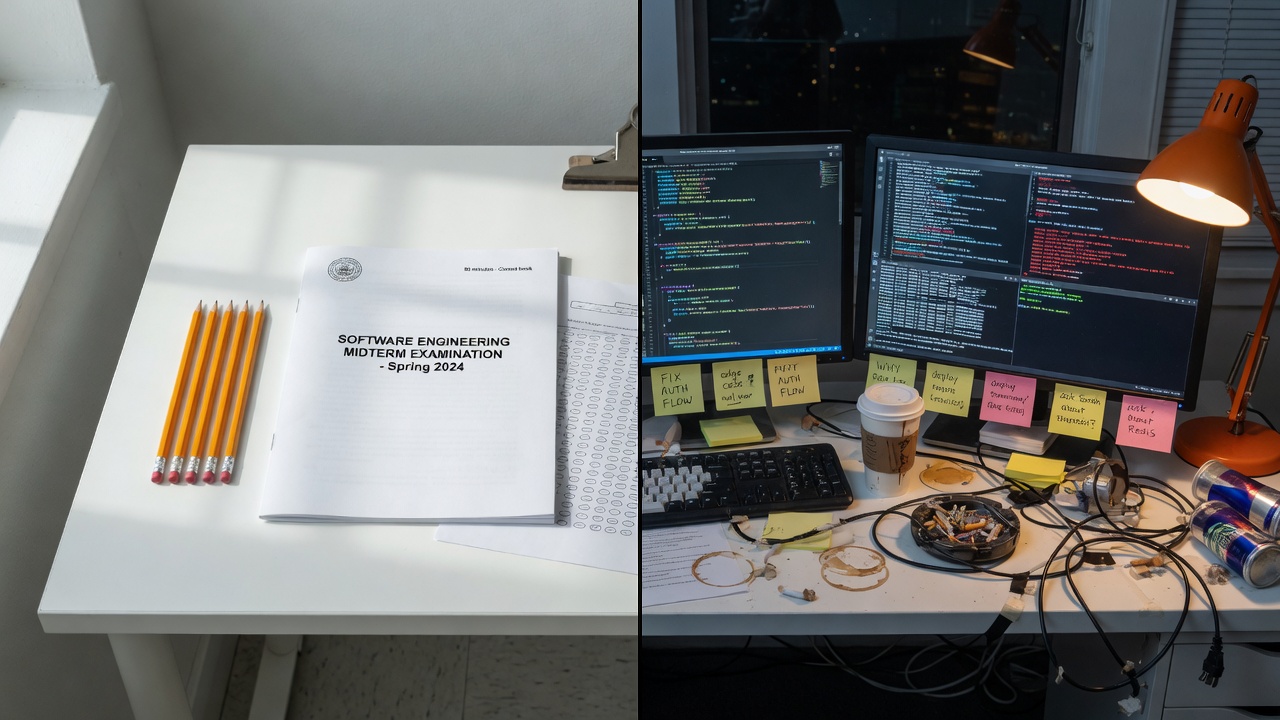 A clean software exam in daylight beside a messy private-code desk at night.