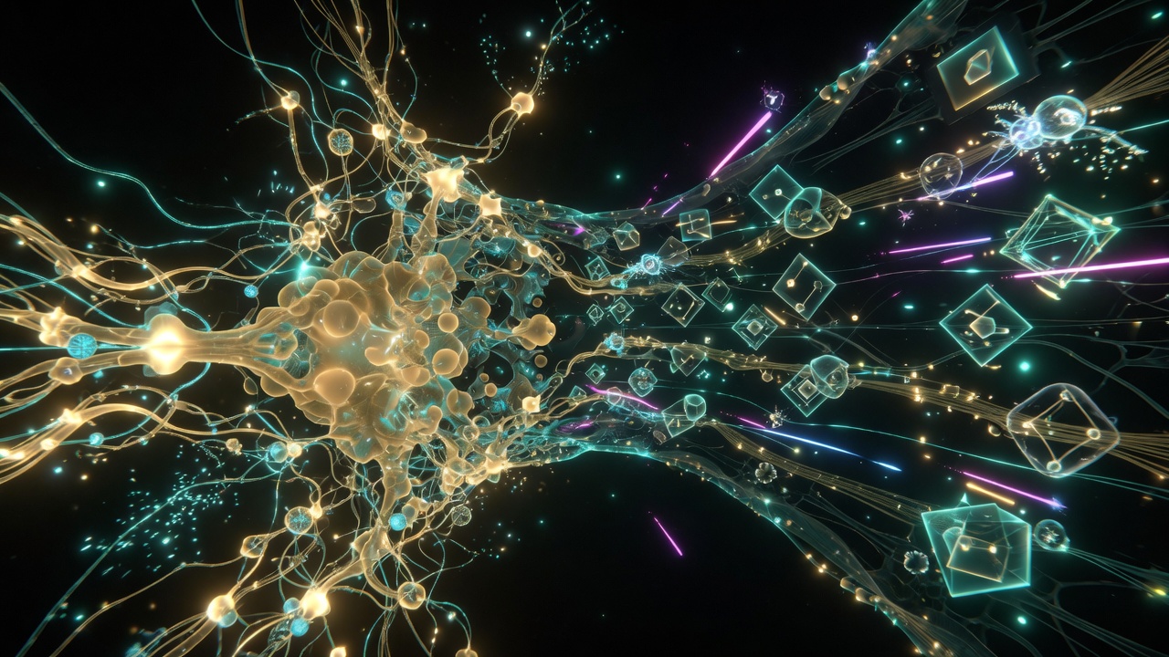 A fruit-fly brain connectome blooming into a neon rhythm-game tunnel.