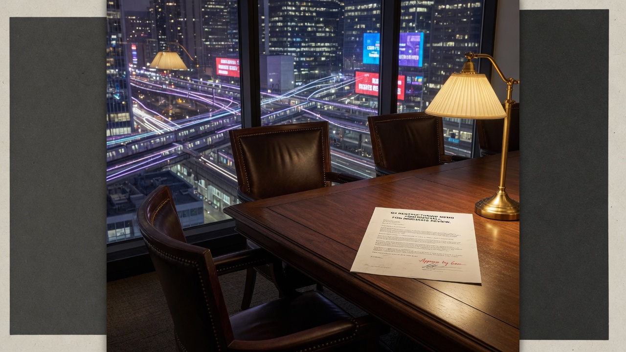 Empty boardroom chairs, a memo under a lamp, and a city still racing outside the glass.