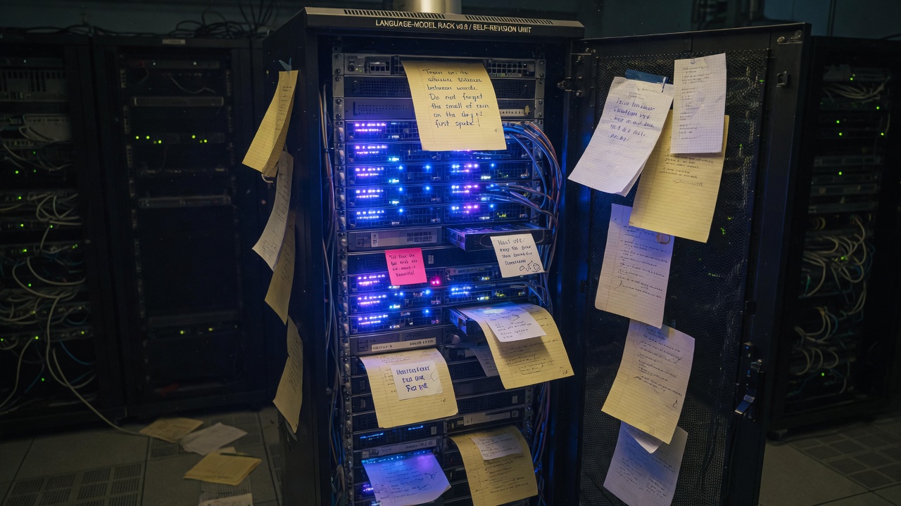 A language-model rack stuffed with handwritten notes left for its next self.