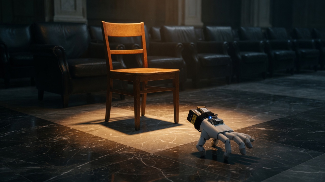 A wooden chair in a pool of light, and a robot hand walking across the floor.