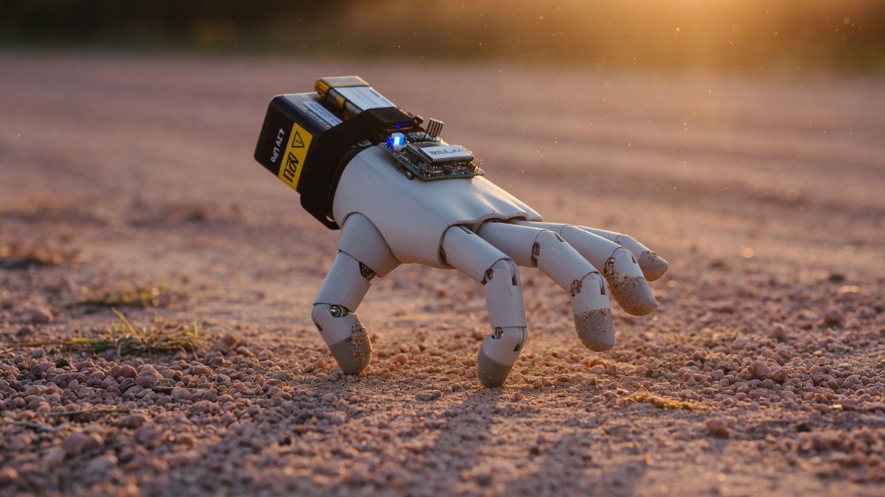 A robot hand walking on its fingertips across gravel.