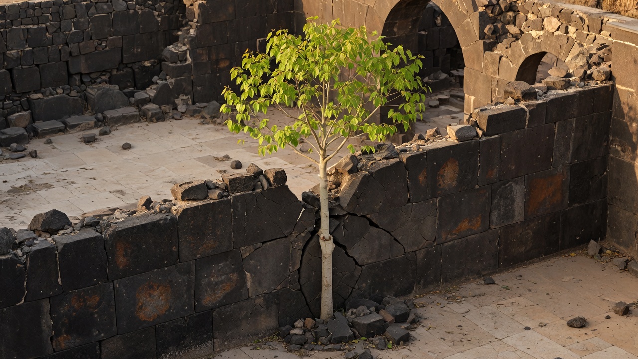 A small tree that has split a stone wall and stands taller than the ruin.