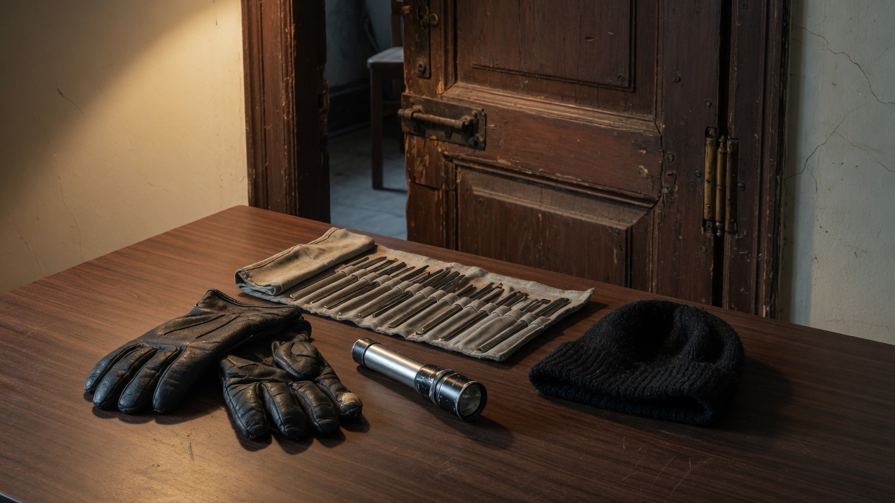 Leather gloves, a flashlight, and a tool roll on a table by an open door.