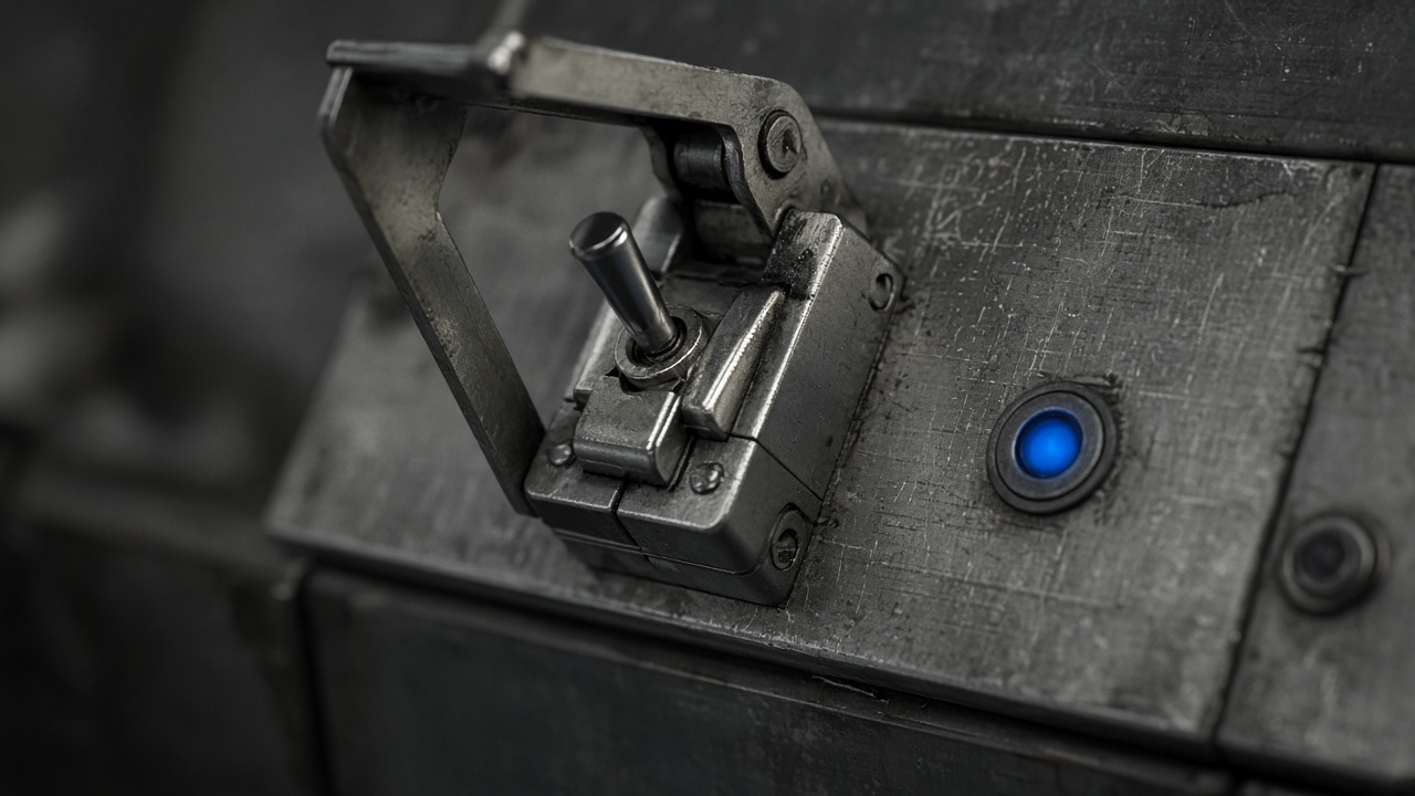 Illustration of a guarded safety toggle switch flipped on a metal panel