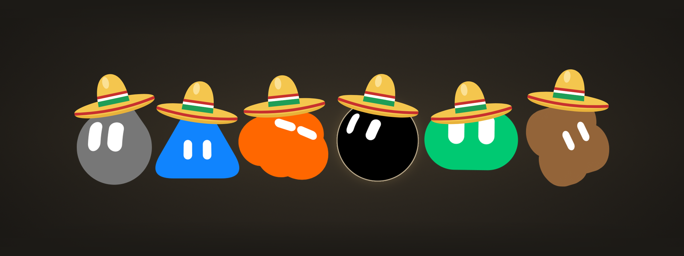Six Grok Bot avatars in a row, each wearing a sombrero, on a dark ink background