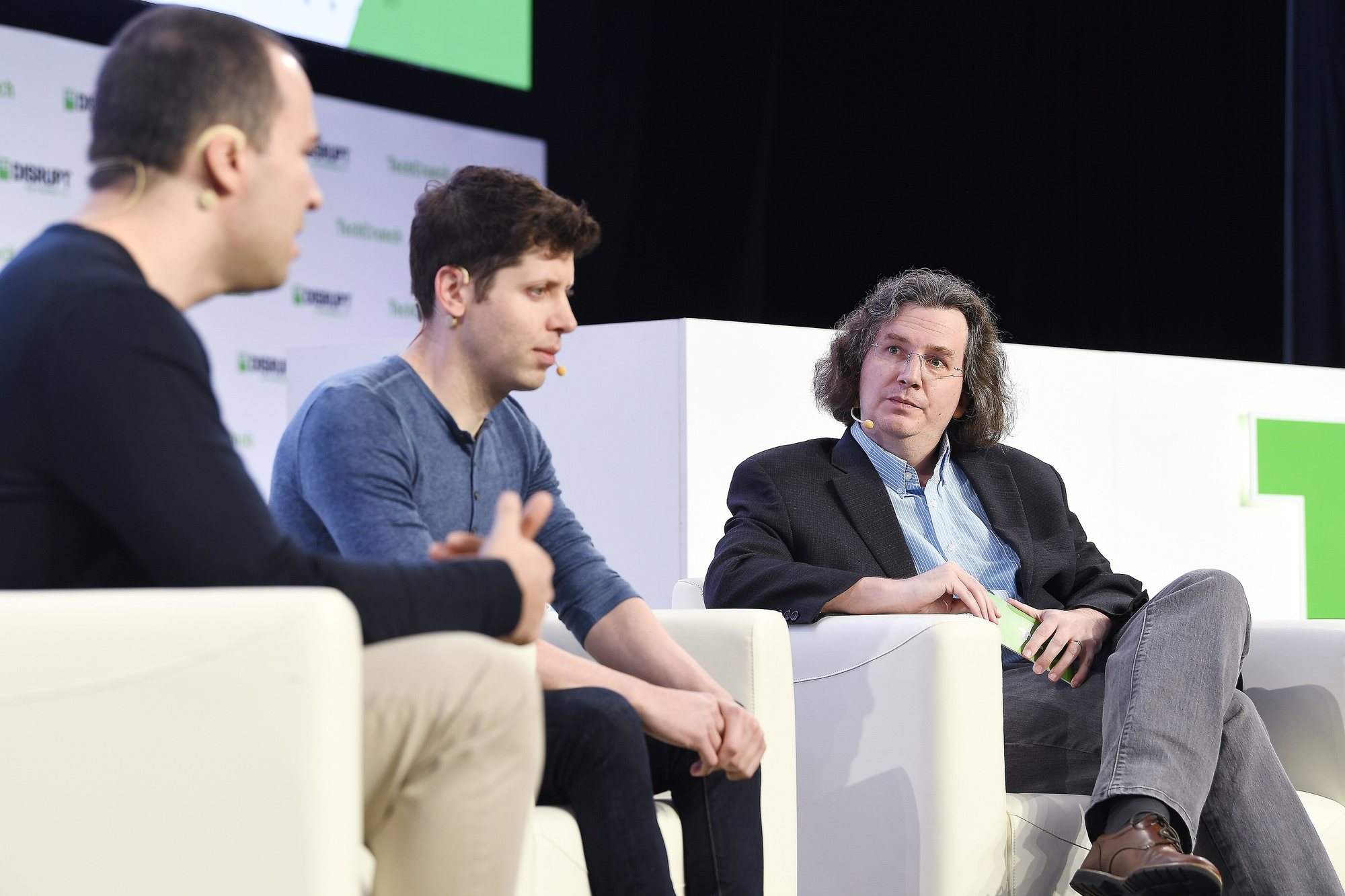 Greg Brockman and Sam Altman on stage at TechCrunch Disrupt SF, October 2019