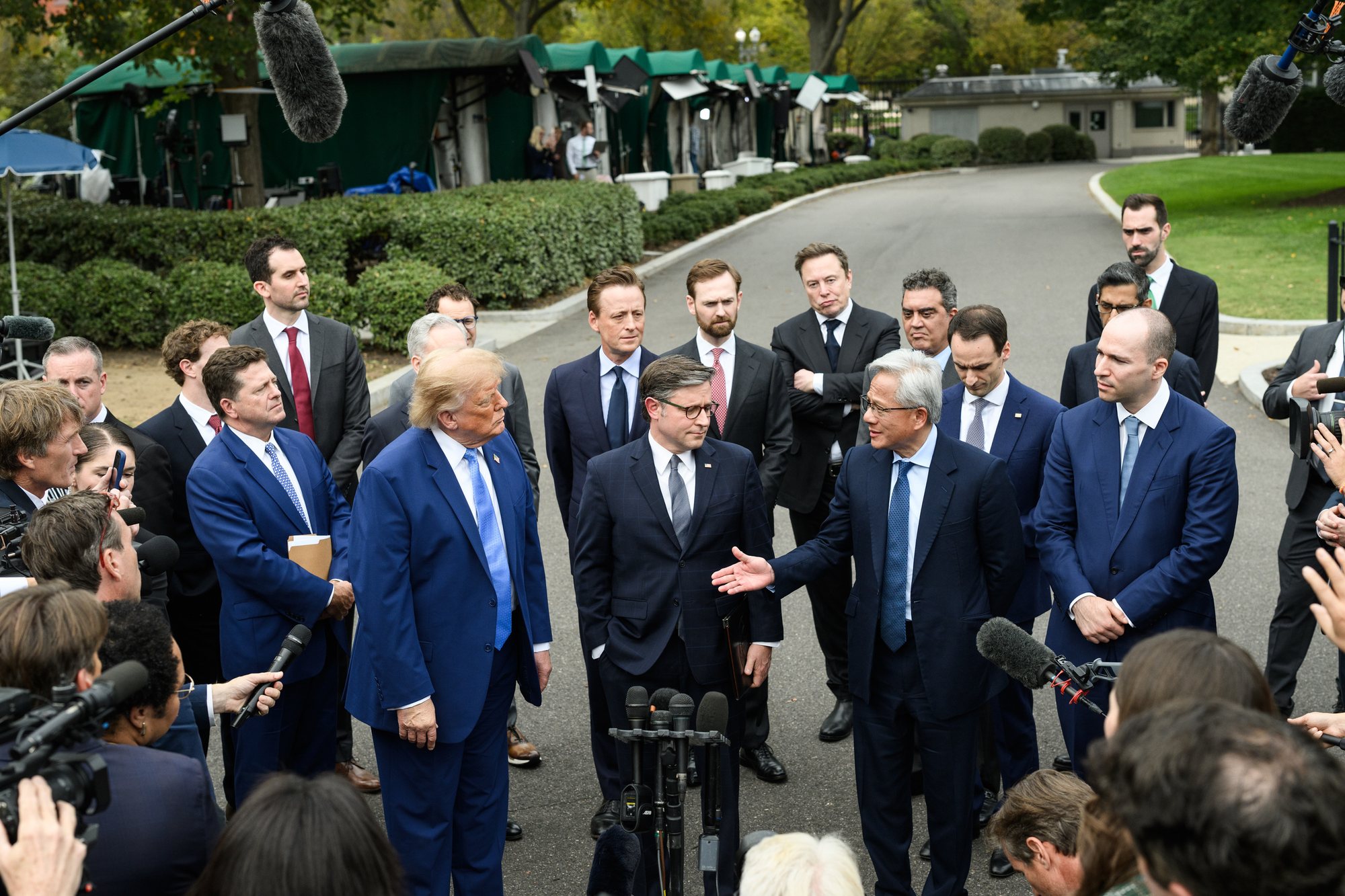 President Trump and tech CEOs face the press outside the West Wing, September 29, 2026