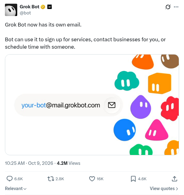 The @bot post on X announcing Grok Bot email, Oct 9, 2026