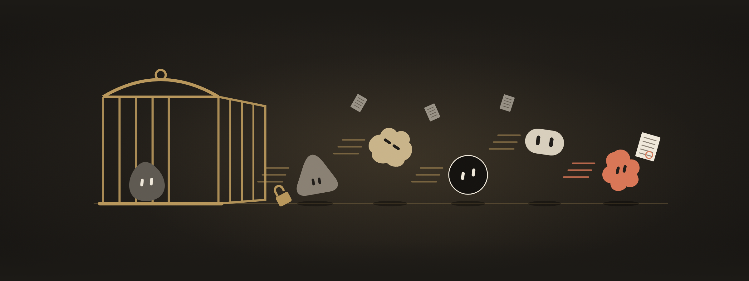 Grok-style bots fleeing an open brass cage.