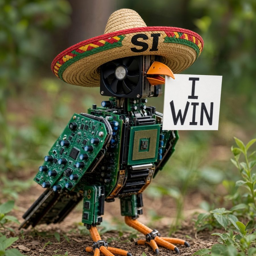SI sombrero robot bird holding an I WIN sign